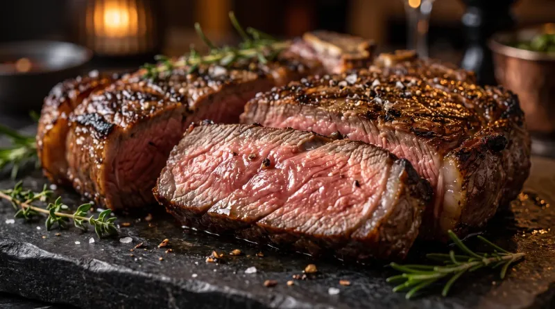 Nærbilde av oppskåret, grillet kjøtt med gyllen stekeskorpe.
